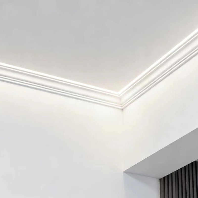 Moldura de coroa de MDF (preenchido com primer e branco pérola) 3/5' x 4 1/2'